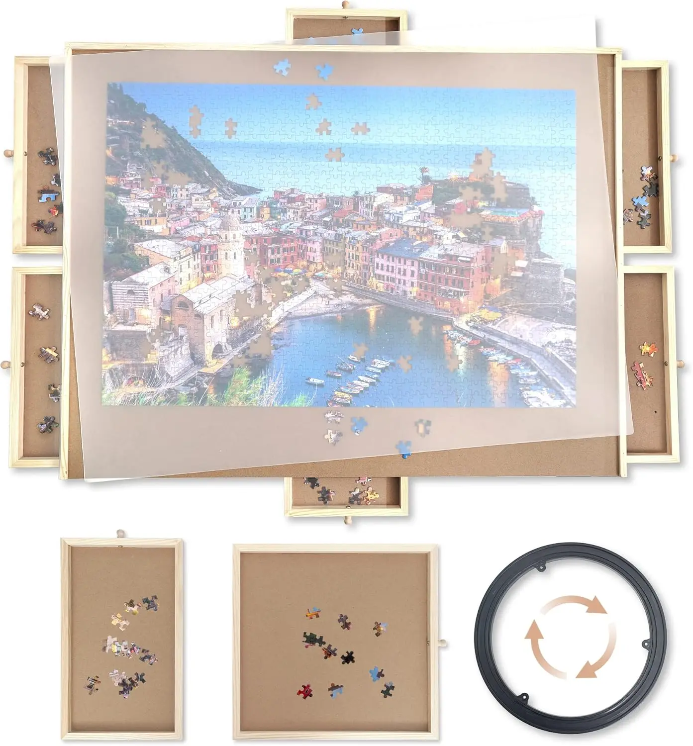 1500/1000 Pcs Wooden Jigsaw Puzzle Board with Drawers, 30” x 22” Portable Puzzle Table with Covers, Rotating Jigsaw Puzzle Table