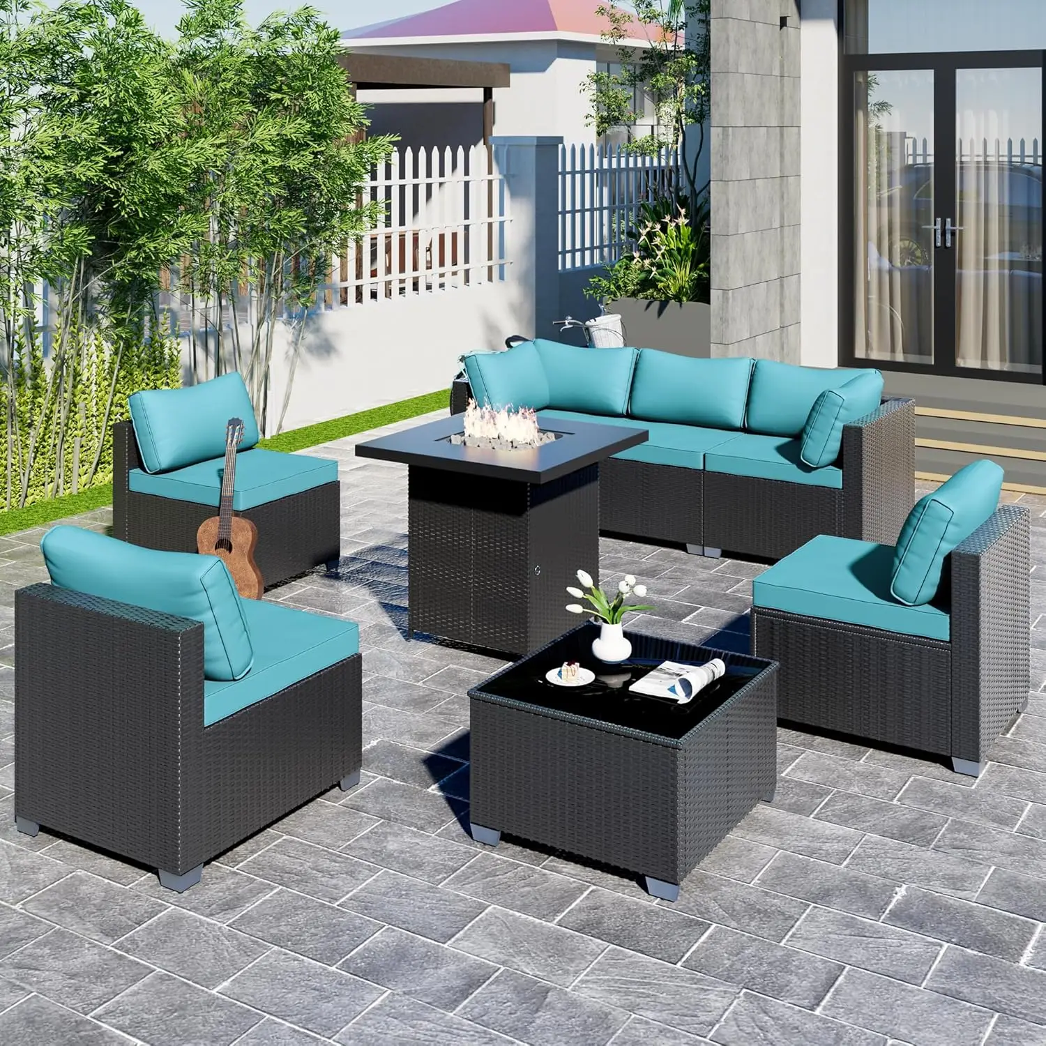 

8-Piece Outdoor Patio Sectional Sofa Set With Fire Pit Table – PE Wicker Rattan Modular Conversation Furniture,, Customized