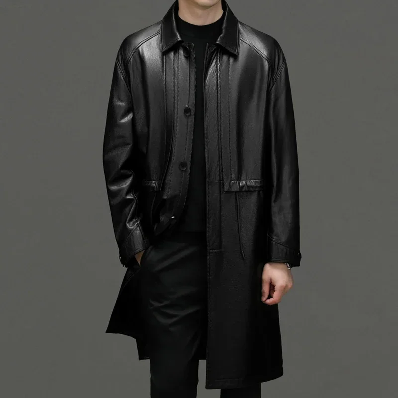 2024-New Men's Fashion Business Casual Slim-fit Exquisite Leather Coat Trend Professional Wedding Lapel Trench Coat Cowhide Coat