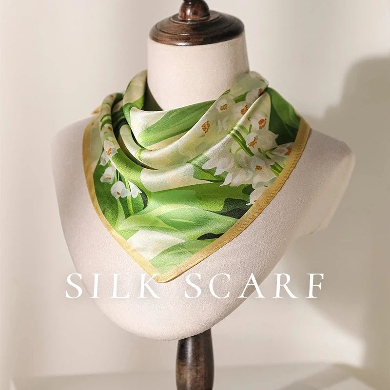 

100% Mulberry Real Silk Square Scarf Women Fashion Green Leaves Bandana Scarves Neckerchief Kerchief