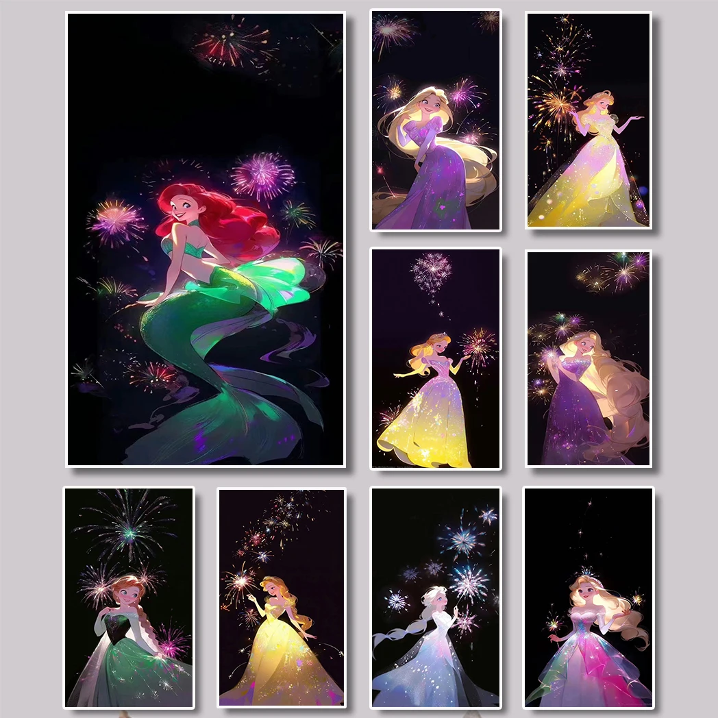 MINISO Cartoon Disney Princess Elsa Ariel Wall Art Poster Girl With Fireworks HD Canvas Painting Living Room Bedroom Home Decor