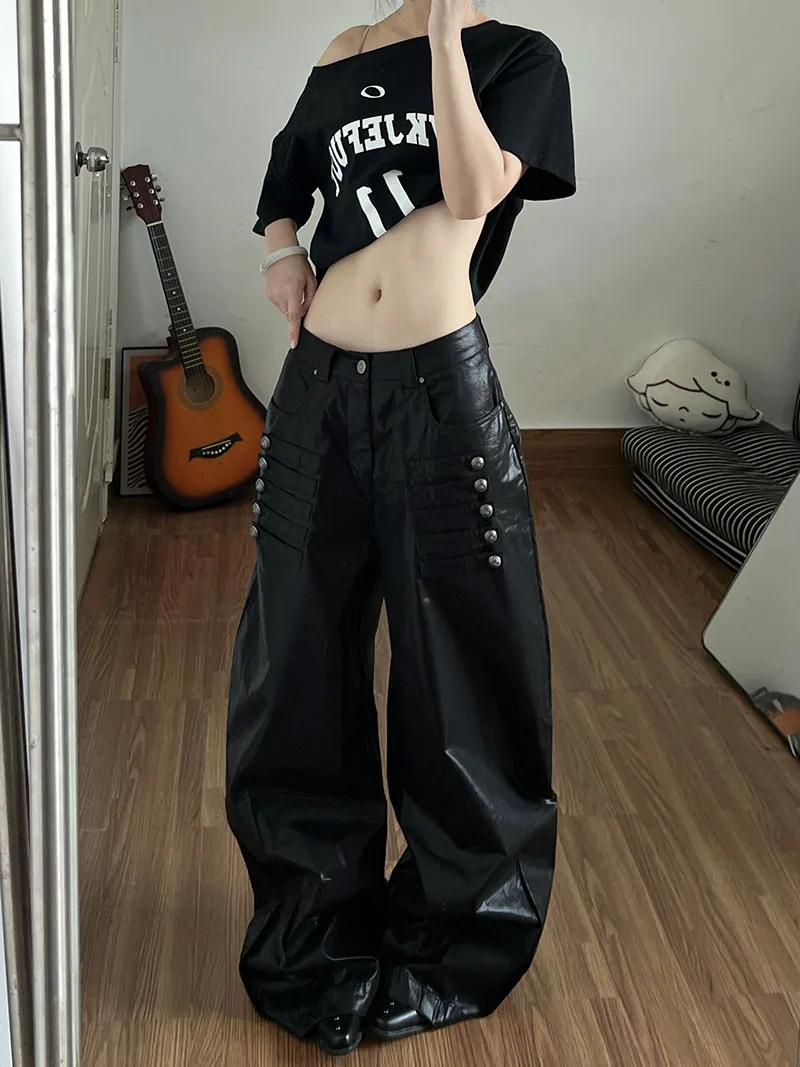 Black Wide Leg Pants for Women 2026 Autumn New High Waisted Casual Trousers Retro Spicy Girl Side Multi Breasted Pants