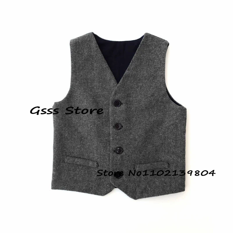 Wool Child Suit Vest Retro Herringbone Kids Sleeveless Jacket Boys WaistcoatV Neck 4 Button Clothes