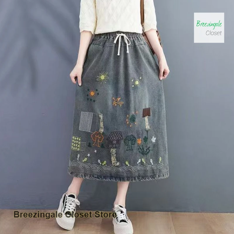 French retro literature and western style embroidered denim skirt women's spring and autumn leisure Joker loose A-line skirt
