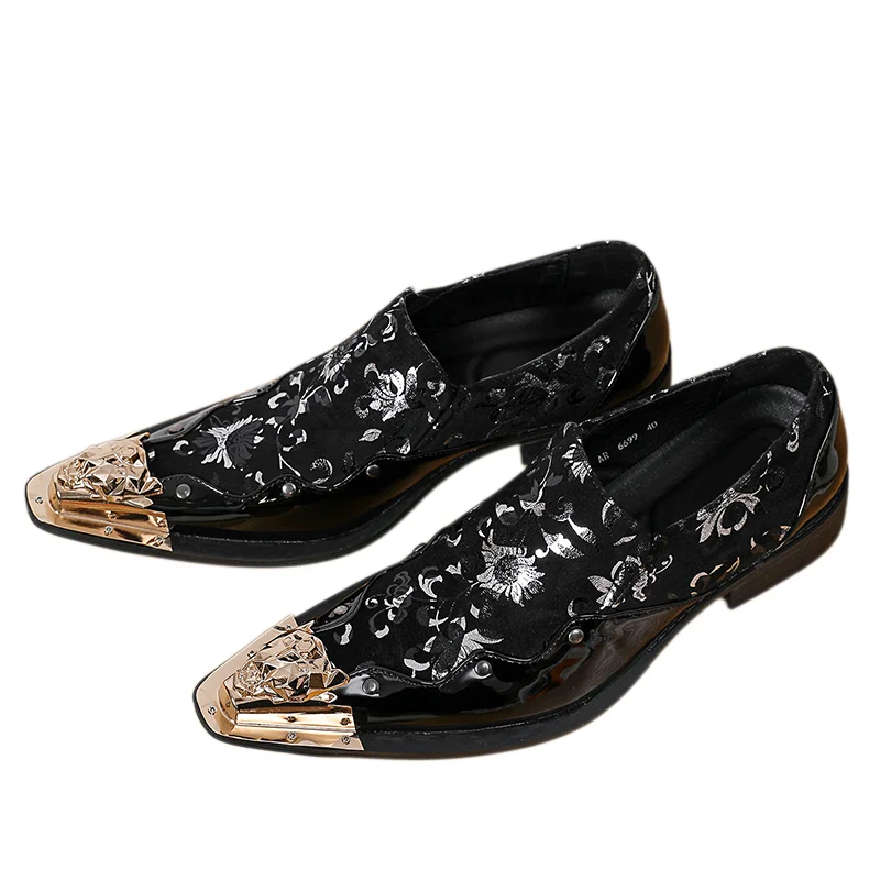 Men's Shiny Golden Metal Cap Toe Loafers Golden Flower Print Shoes Handmade Luxury Shoes Embroidery Craft Casual Dress Shoes