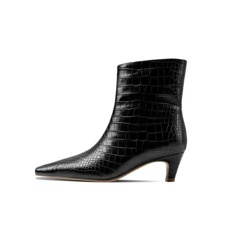 European and American Stone Pattern Thin Heel Wide Sleeve Short Boots 2024 Women\'s Crocodile Leather Fashion Boots