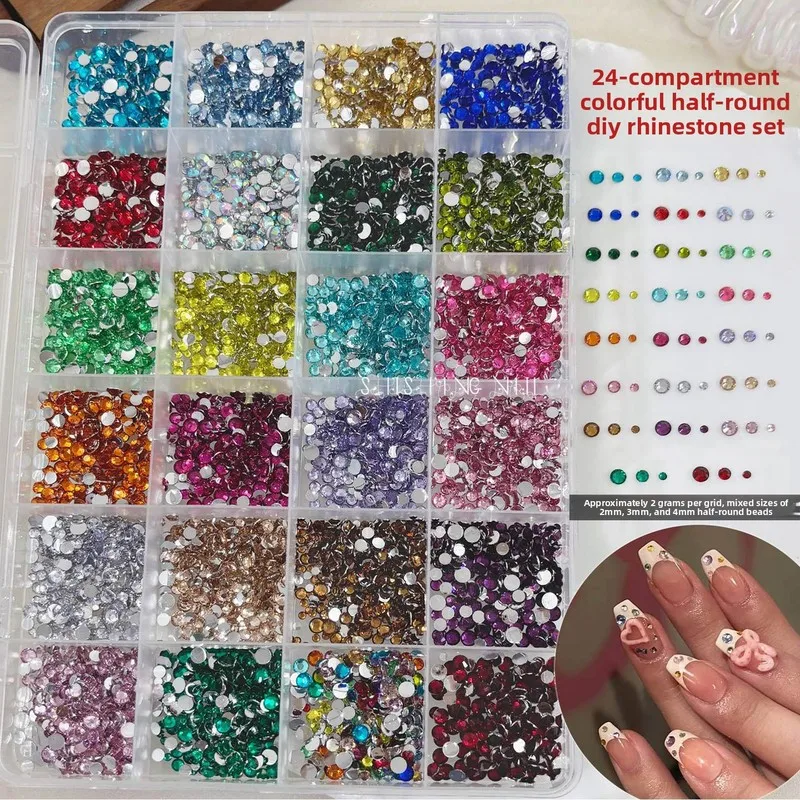 LYLE 24 Grid Colored Resin Flatback Rhinestones Mixed Size Round Nail Art Charms DIY Accessories Cross Border Hot Sale Bulk Set