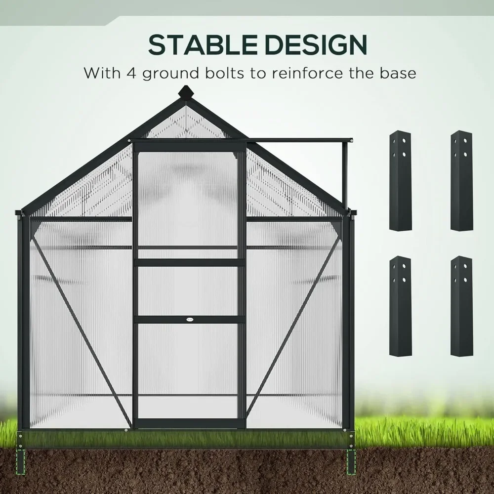 6' X 10' Greenhouse for Outdoors,  with Rain Gutter and Roof Vent, Aluminum Walk-in Green Houses, Polycarbonate Greenhouse