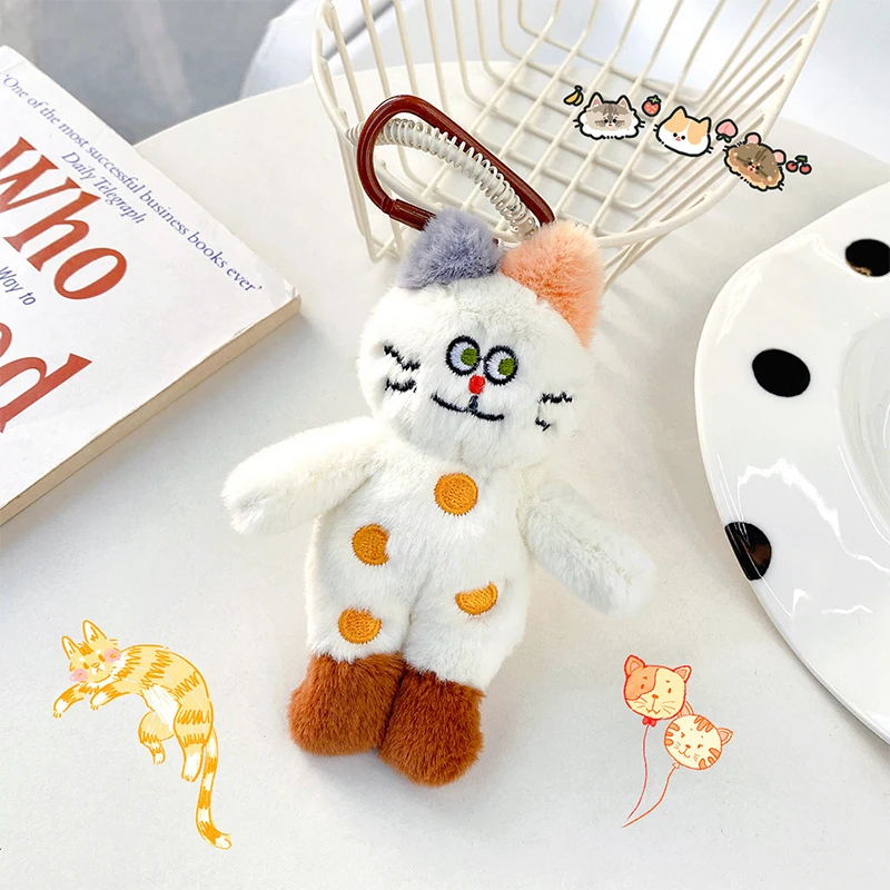 Bow Polka Dot Cat Plush Toy Cartoon Speechless Cat Pendant Soft Stuffed Doll Keychain Car Key Ring Backpack Bag Decor