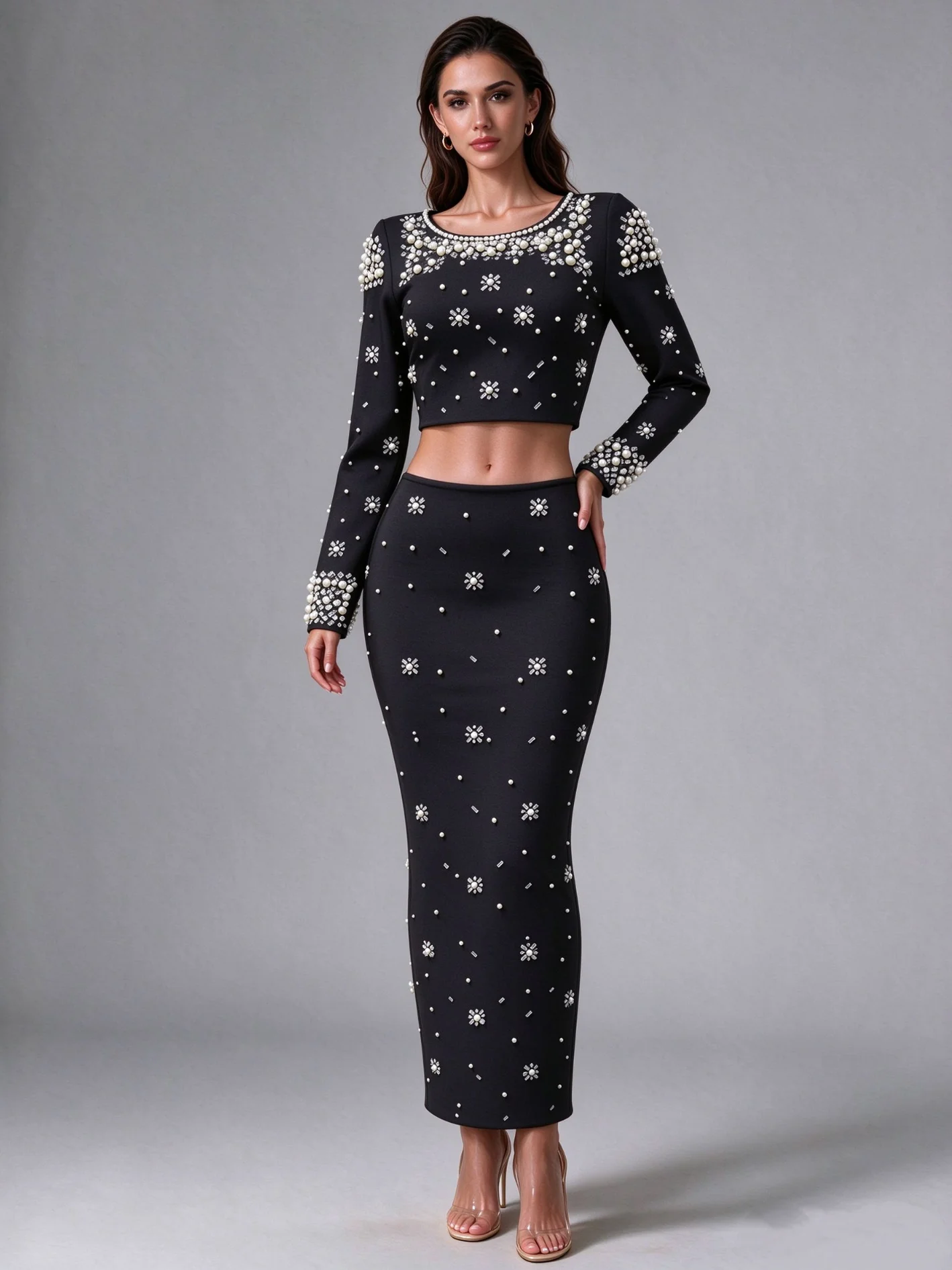 European & American heavy-beaded two-piece evening gown set, long-sleeve, slim-fit bodycon bandage dress, fashionable socialite