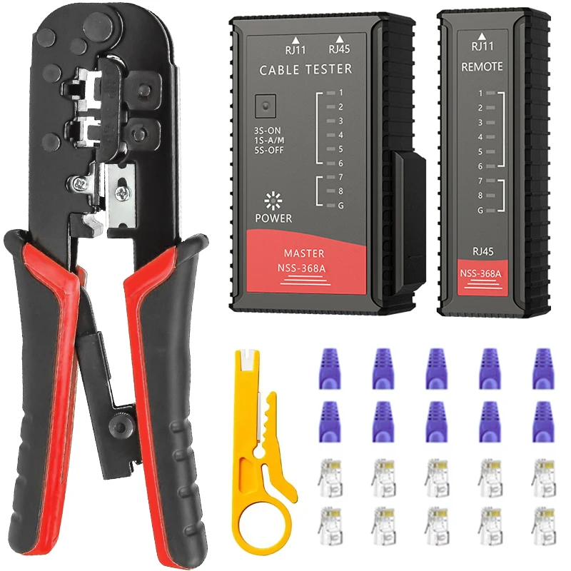 

RJ45 Cat6 Crimping Tool Kit with RJ11/12/45 8P6P Network LAN Crimper Connectors and Covers Network Cable Tester Wire Stripper