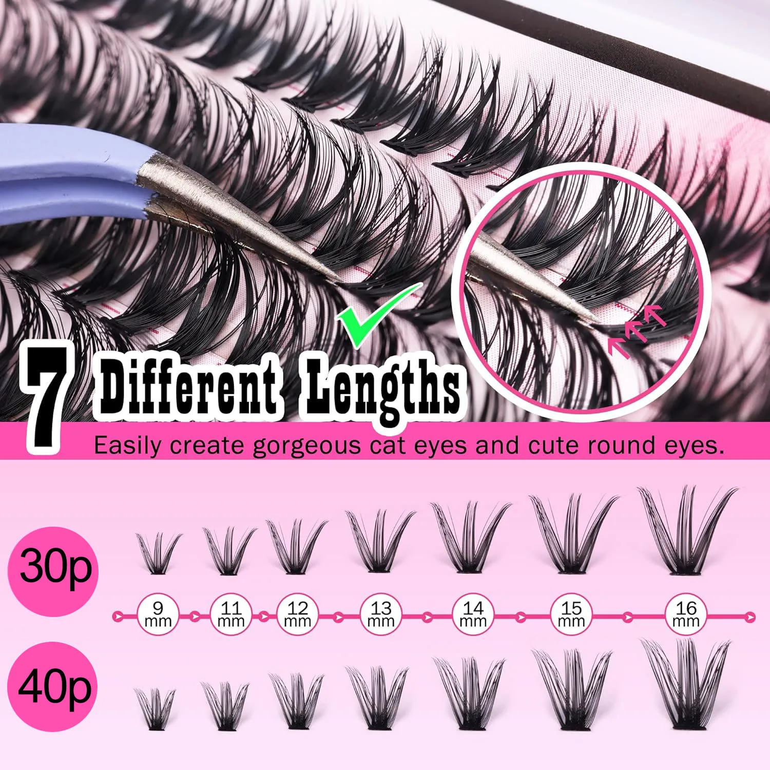 280pcs DIY Eyelash Extension Kit 30+40C/D Cluster Eyelashes + With Eyelash Bonding and Seal + Tweezers Set Fluffy Thick Exaggera