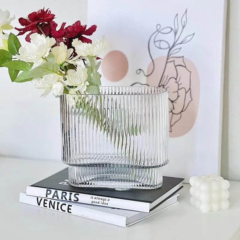 Modern Vase Clear Ribbed Glass Flower Vases Fluted Decorative Wide Short Flower Vase For Centerpieces Living Room Dining Table