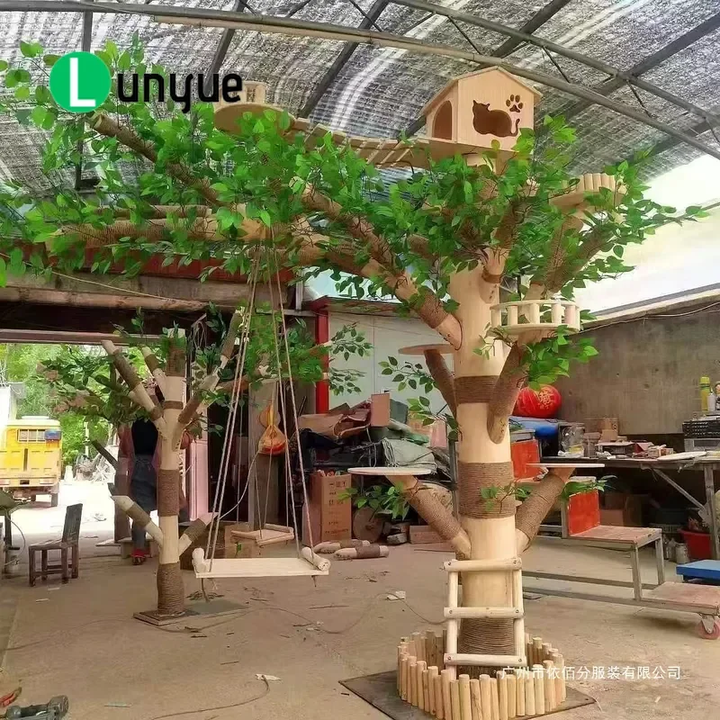 Outdoor Multi-Layer Solid Wood Cat Climbing Frame with Tree Branches Hammock Oversized Huge Tree House Activity Platform