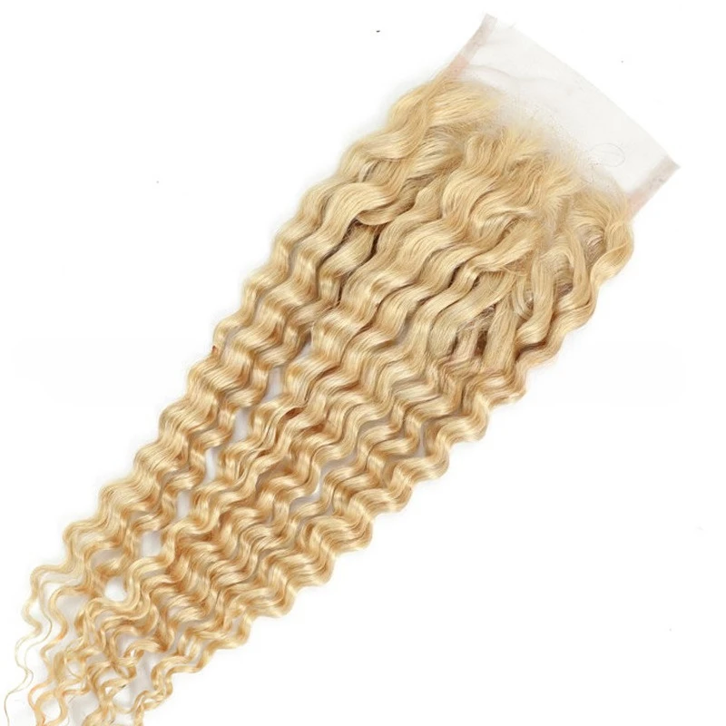 613 Deep Wave 4x4 Human Hair Blonde Closure Pre Plucked Brazilian Remy 4x4 Deep Wave Curly Human Hair Lace Closure