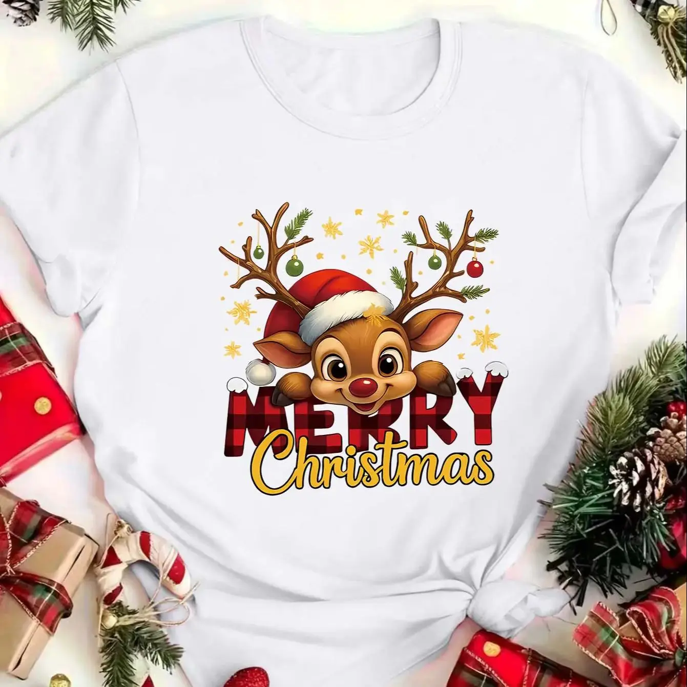    المرأة عيد الميلاد تي شيرت لطيف رودولف الأحمر الأنف الرنة عيد ميلاد سعيد طباعة Y2k السيدات الملابس المتضخم امرأة الملابس