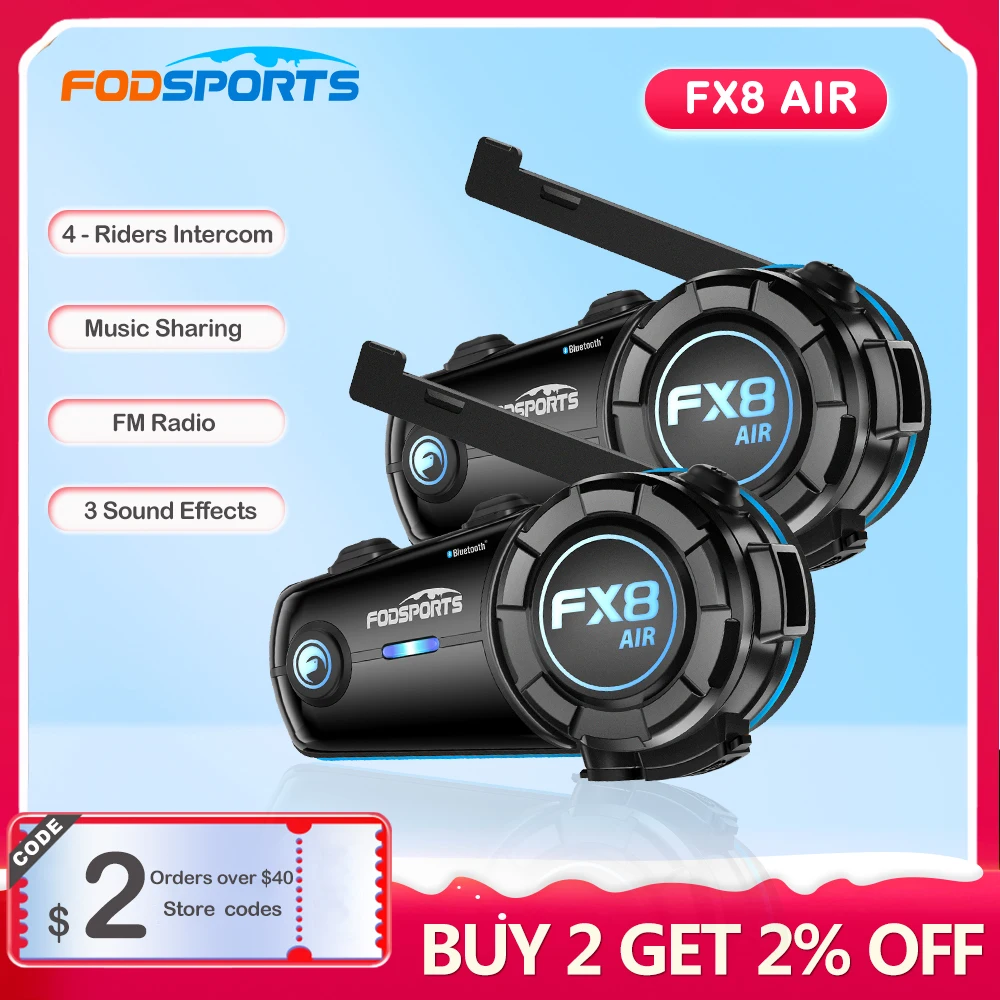 Fodsports FX8 Air 4 Riders Intercom Motorcycle Helmet Headset Bluetooth 5.0 Moto FM Waterproof Headset 1000m Intercoms