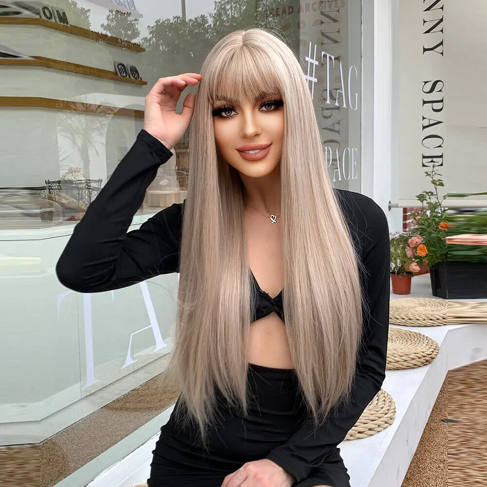 Natural Straight Blonde with Long Bangs For Women Daily Synthetic Hair Wig