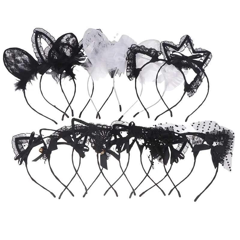 1Pc Headband Ladies Black White Lace Mesh Cat Ear Headband Sexy Crown Headband Rabbit Ear Hair Accessory Party Props