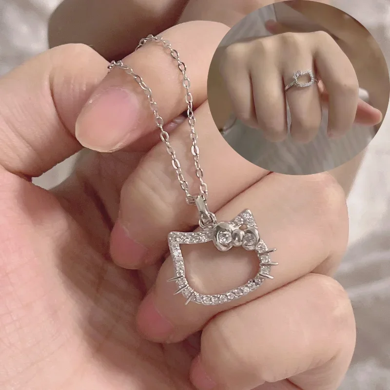 Kawaii Necklace for Women Hello Kitty Jewelry Anime Character Sanrio Ring Lovers Silver Clavicle Chain Adjustable Accessories