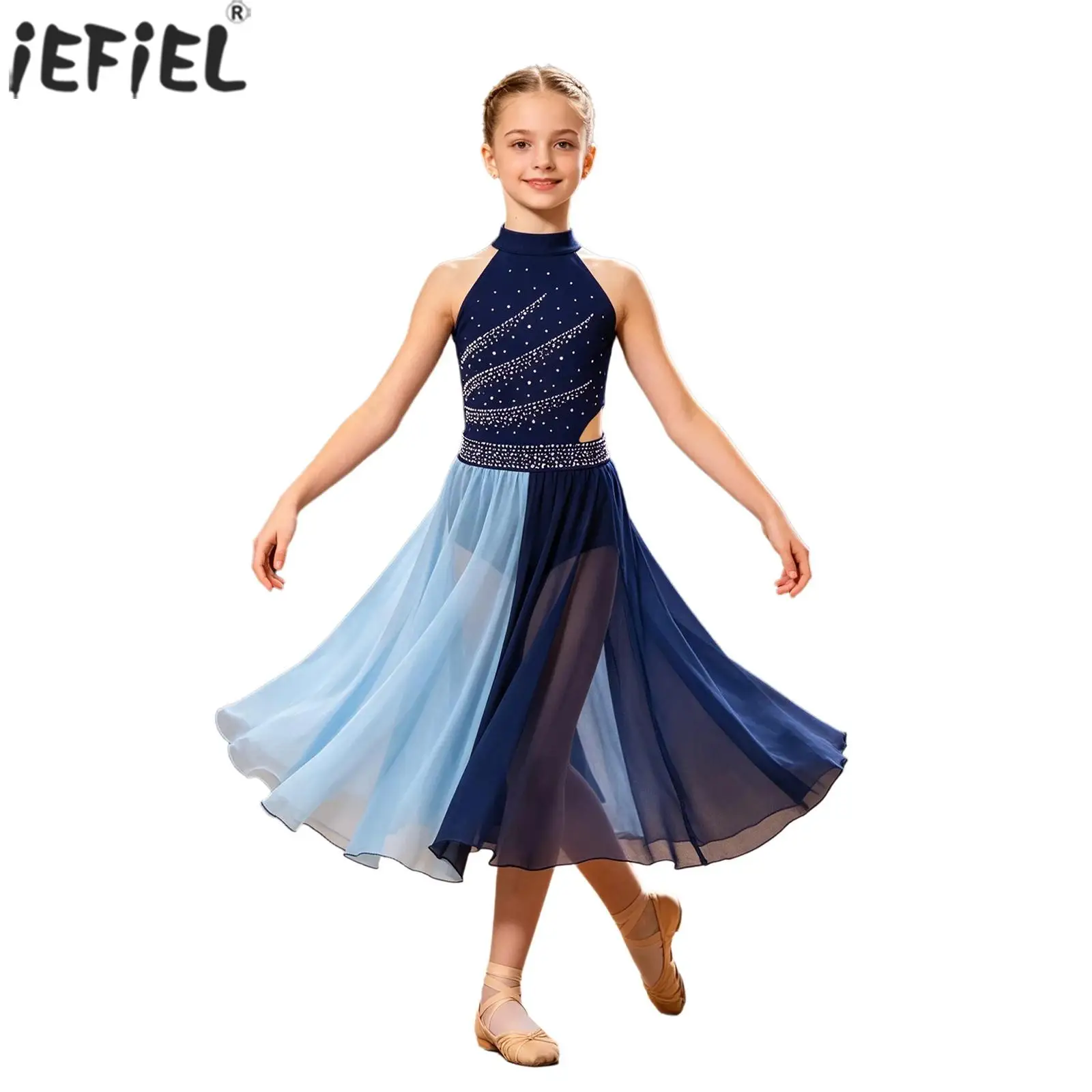 

Kids Girls Lyrical Dance Dress Figure Skating Gymnastics Ballet Modern Contemporary Dancewear Shiny Rhinestones Chiffon Leotard