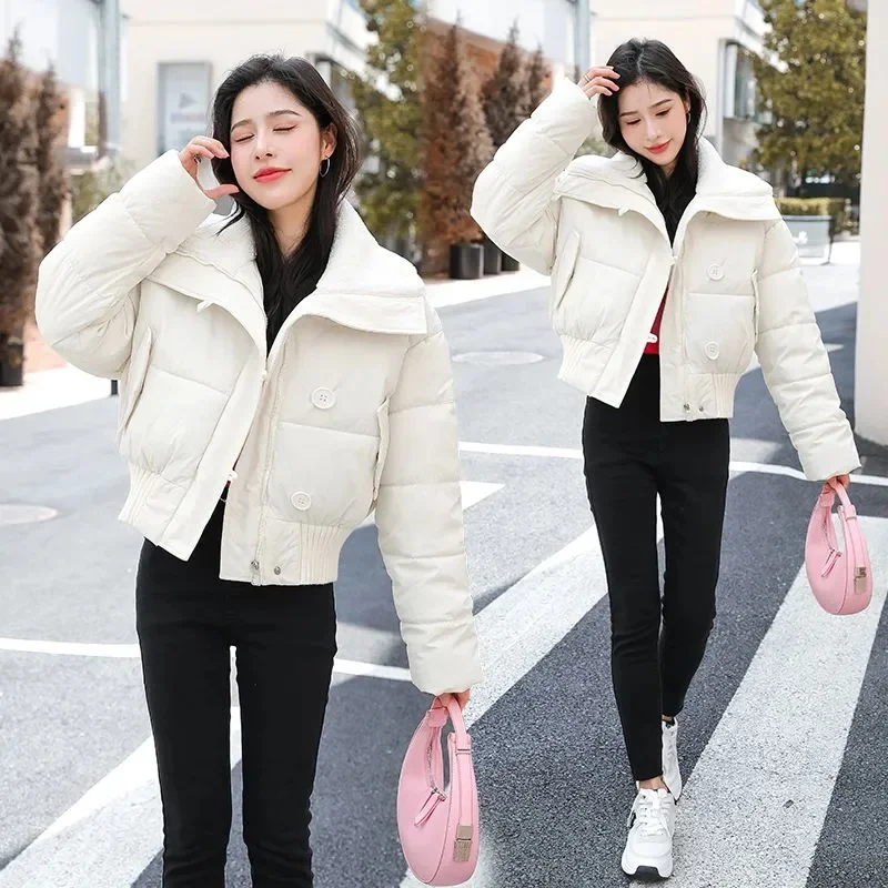 여성 겨울 코튼 패딩 자켓 캐주얼 모조 목 두꺼운 포켓 다운 코트 루즈 지퍼 버튼 짧은 단순 따뜻한 카디건 코트