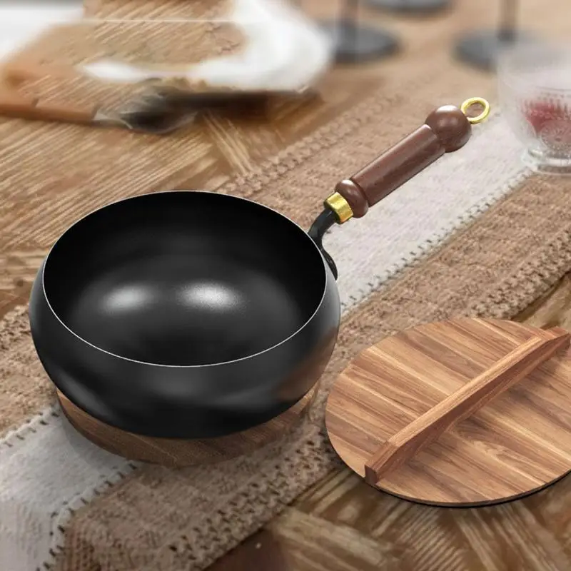

Cast Iron Woks Handmade Non-coating Deep Frying Pan With Anti-Scalding Handle 24cm Diameter Iron Cookware For Stoves Induction