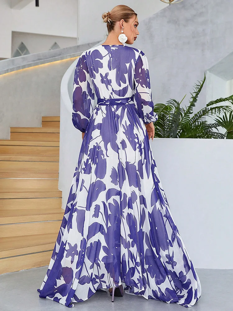 TOLEEN Summer 2024 New Fashion Bohemian Female Casual Elegant Long Dresses Women Floral Print Lantern Sleeve Belted Maxi Dress