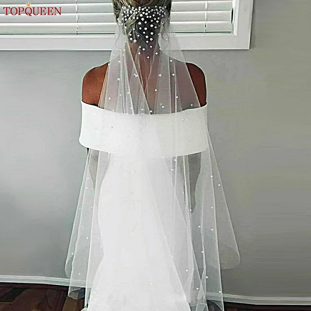 TOPQUEEN Pearls Bridal Veils with Comb Wedding Veil 1 Tier 3 Meter Luxury Long Wedding Veil Bridal Hair Accessories Wedding V180