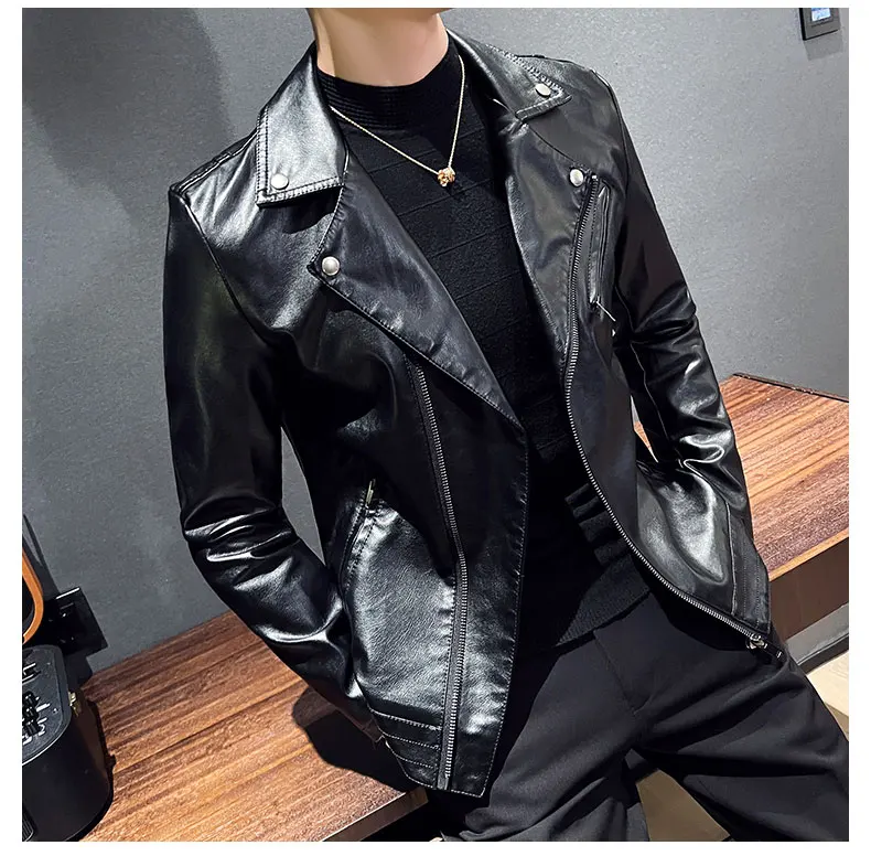 

American Vintage Coat Punk Fur Collar Men Zipper Leather Jacket Luxury Designer Spring Autumn Cool Handsome Pu Leather Jacket