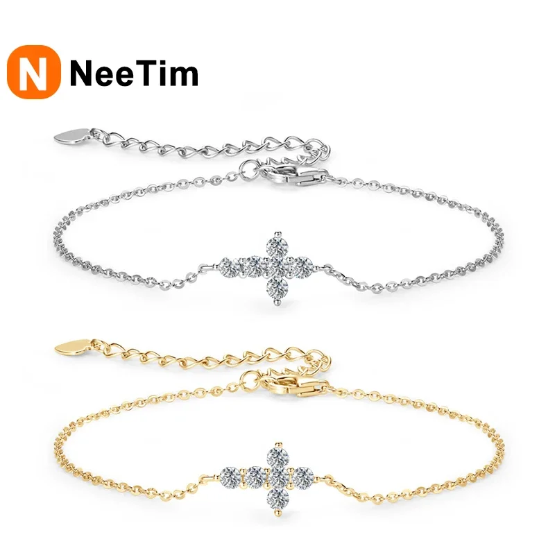 

NeeTim Full Moissanite Bracelets for Women s925 Sterling Silver with White Yellow Gold Plated Cross Bracelet Wedding Jewelry
