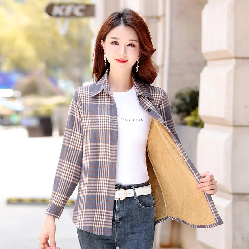 Thick Warm Women\'s Winter Slim Plaid Shirt Female Oversied Long Sleeve Tops XL-5XL Fleece Casual Checkered Blouse Women Clothes