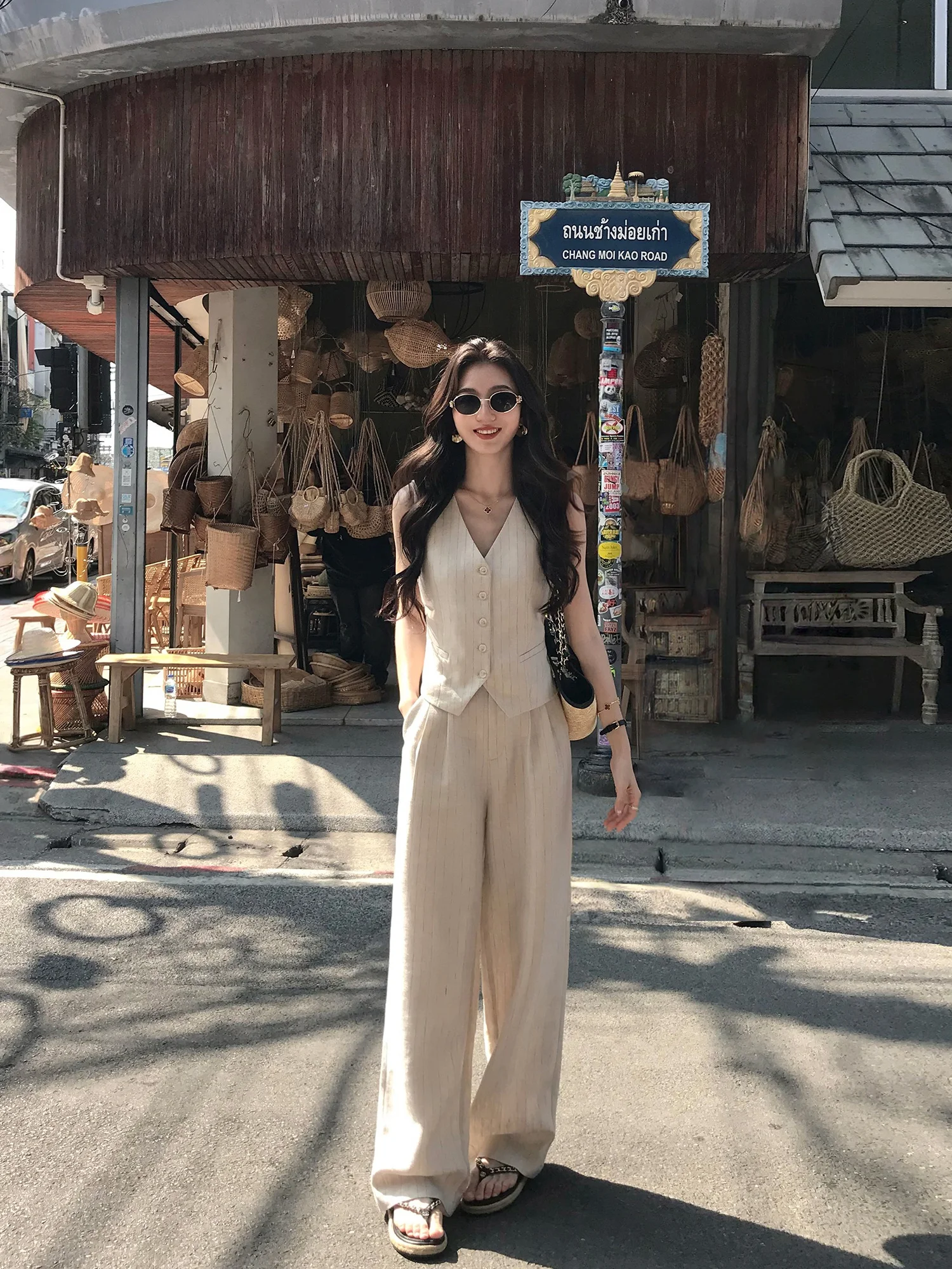 

Mulvan Women's Classic Striped Linen Suit Vest And Wide Leg Casual Pants Ensemble Summer Fashion Set V Neck Straight Cut