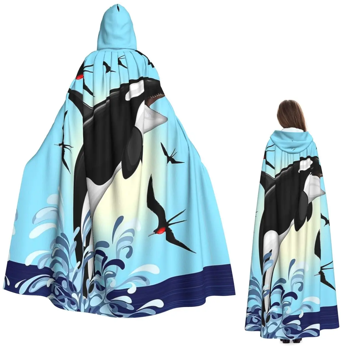 

Orca Killer Whale Jumping Out The Ocean Long Hooded Cloak Witch Medieval Costume Cosplay Cape HalloweenVampire Adult Unisex