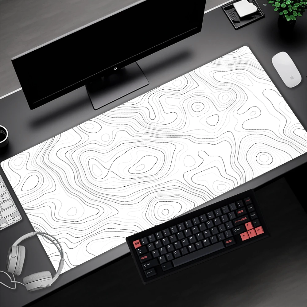 White Deskmat Mause Pad Xl Gaming Offices Accessories Rubber Mat Topographic Mousepad Non-slip Pc Gamer Carpet Liquid Aesthetic