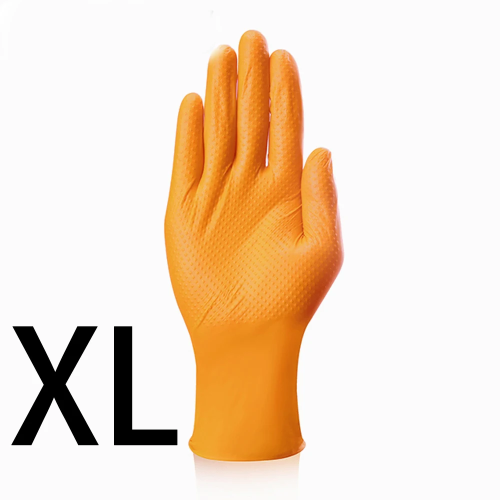 Dikke, zwarte/oranje nitril handschoenen, met een ruitpatroon, antislip en bestand tegen olie, geschikt voor mechanisch werk en autoreparaties.