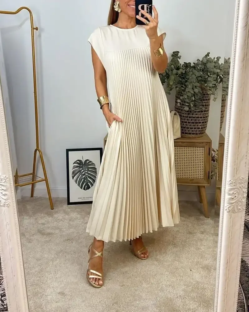 Women Pleated Simple Solid Colour Dress Elegant Maxi Dress with Side Pockets Breathable A-line Summer Commute Vacation Clothing