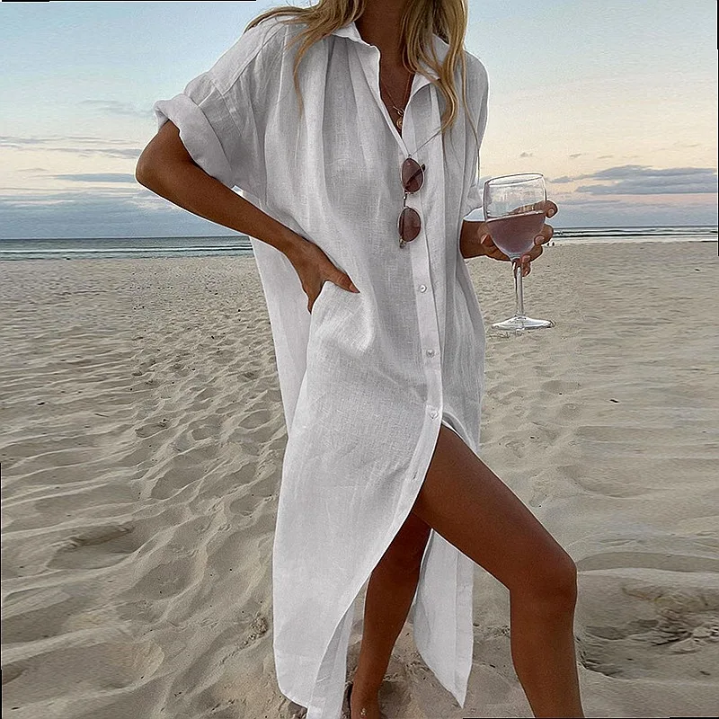 Fluorescent Solid Long Sleeve Cotton Linen Shirt Dress Beach Cover Up Spring Summer Casual Midi Dresses