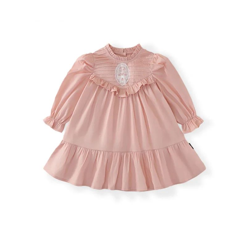 

French Stand Collar Pleated Girls Dress Spring and Autumn New Long Sleeve Ruffled Chic Sweet Princess