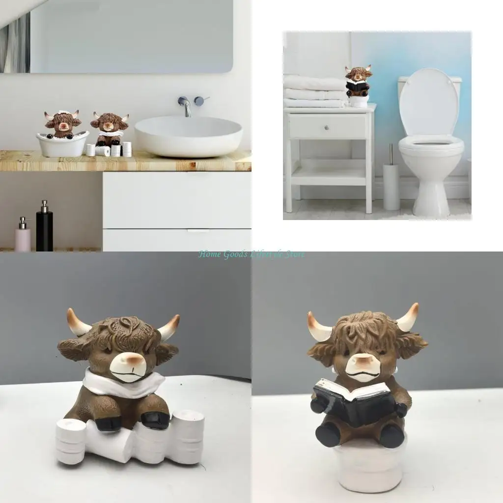 E74E Set of 3 Resin High Land Cow Gnomes Statues for Living Room Bathroom Decoration