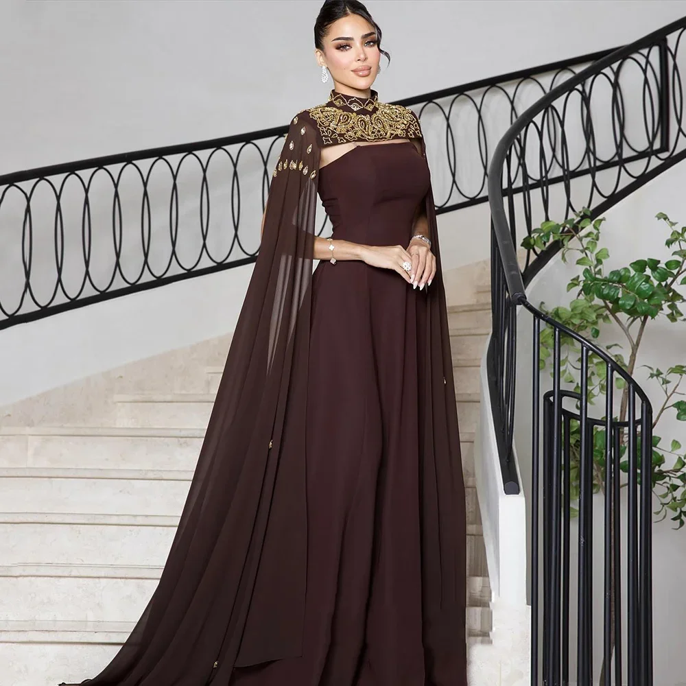 

Saudi Arabia Elegant Chiffon Lace Evening Dress Gold Beads Patchwork Strapless Bojiao Party Dress Customization