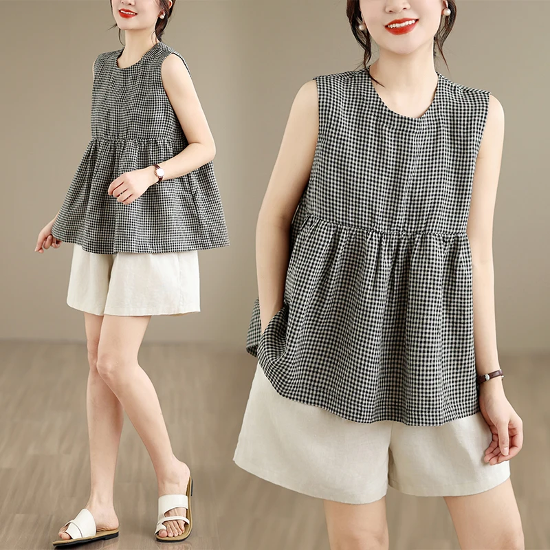 

Loose Women's Cotton Linen Plaid Sleeveless T-shirt Summer New Style Base Shirt Comfortable Lazy Fashion Big Size Top