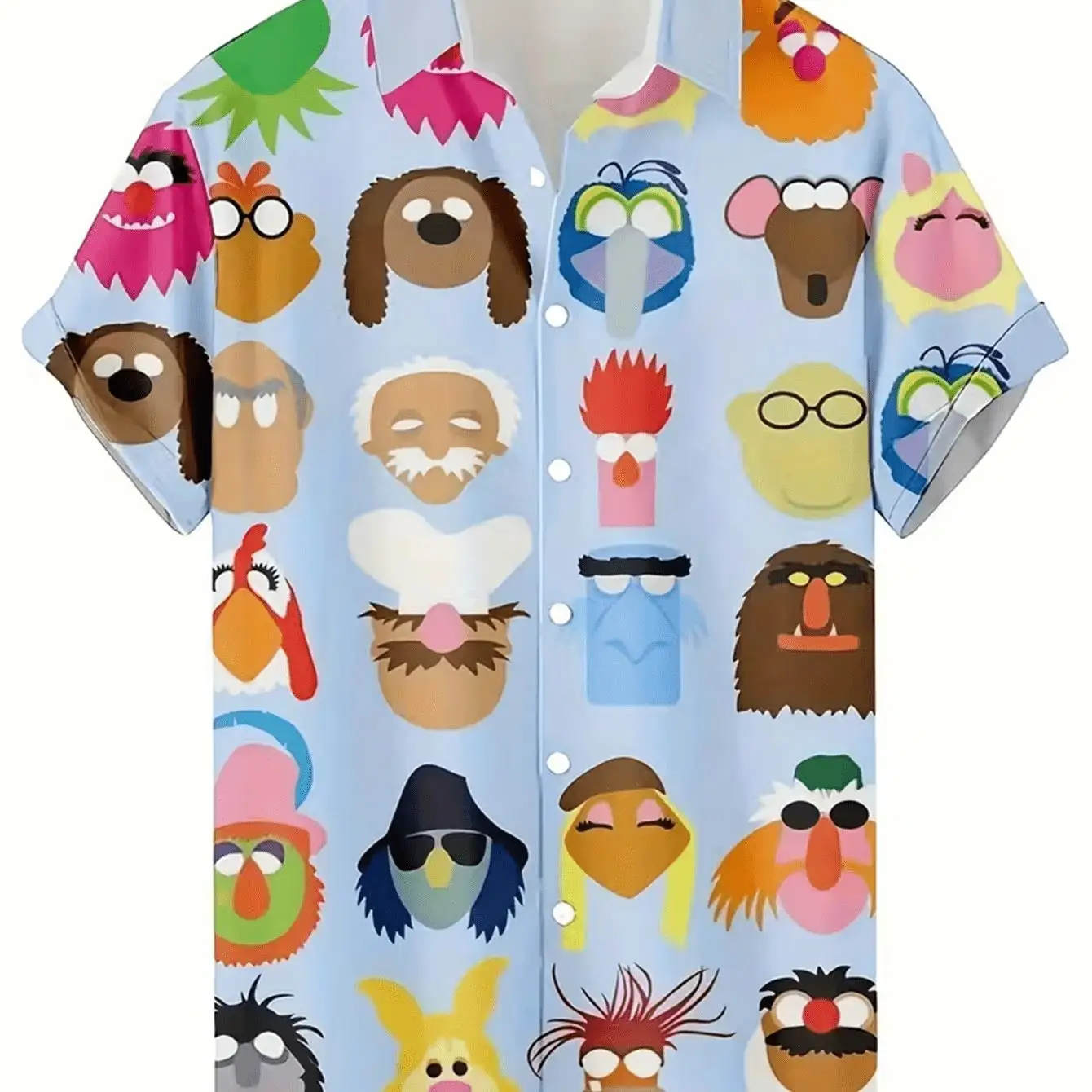 Herren Hellblaues Hemd mit Muppet-Cartoon-Charakter-Gesichtsdruck, Kurzarm, Umlegekragen, Sommer, Casual, Button-Down, Streetwear-Oberteil