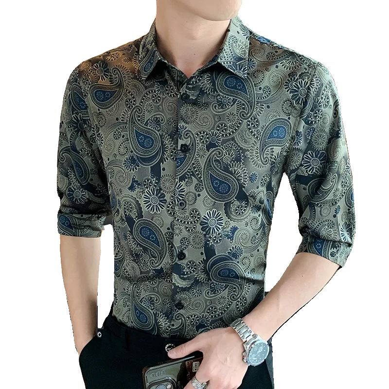 NOVEDAD DE VERANO 2024, camisa para hombre, camisa de manga media con flores fragmentadas a la moda, camisa ajustada con estampado de lujo de alta calidad, talla 4XL-M