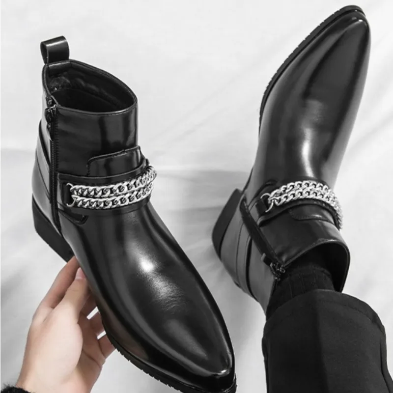 Men's Chelsea Boots British Style High Top Leather Boots Classic Business Dress Booties Fashion Chain Designer Men's Ankle Boots