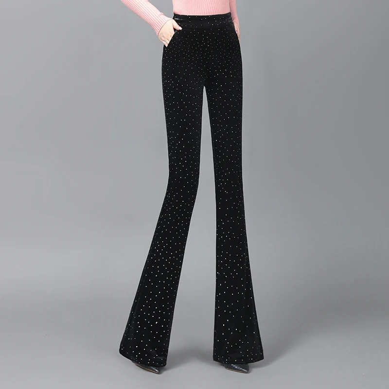 Bell-bottom Pants Women Autumn Winter New High-waisted Korean Black Thick Flared Trousers Casual Diamond Canary Pants