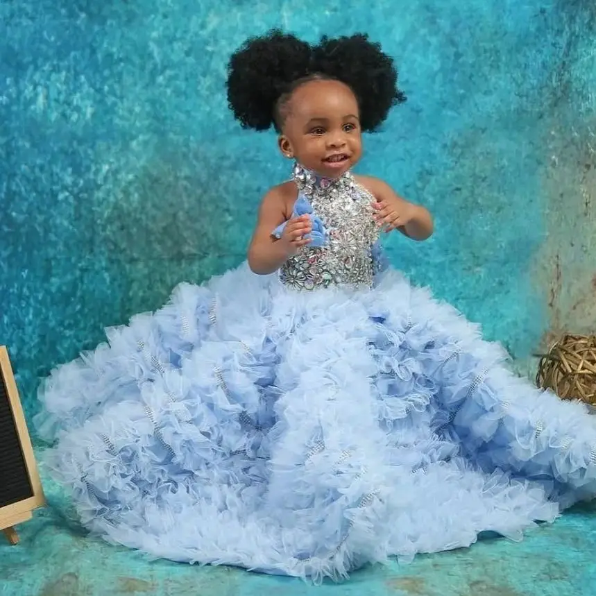 

Sky Blue Girls Birthday Party Dresses Customized High Neck Beading Flower Girl Dresses Baby Kids Ball Gowns for Photo Shoot