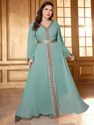 TOLEEN Women Plus Size Maxi Dresses Muslim Vintage Chiffon Dress Applique Mint-Blue Middle Eastern National Dress Banquet Dress