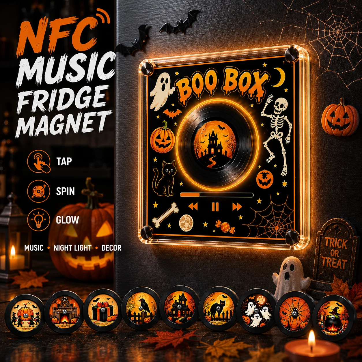Halloween NFC Music Fridge Magnet Spinable Record Design Glow Night Light Tap to Play Music Refrigerator Sticker Party Decor