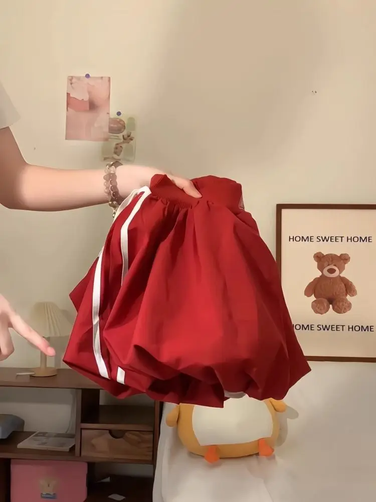 Spódnico-spodnie z wysokim stanem, bufiaste, męskie i damskie, letnie, w stylu amerykańskim, luźne, typu latarnia, czerwone, designerskie, koreańskie, stylizowane na seksowną dziewczynę.